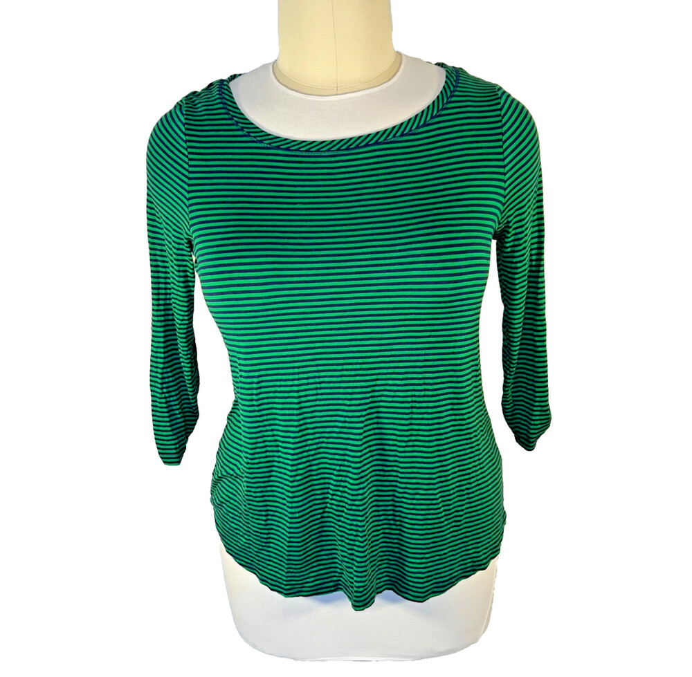 Cupio Women's XL 3/4 Sleeve Tee Shirt Navy/Green Stripe Boat Neck Stretch